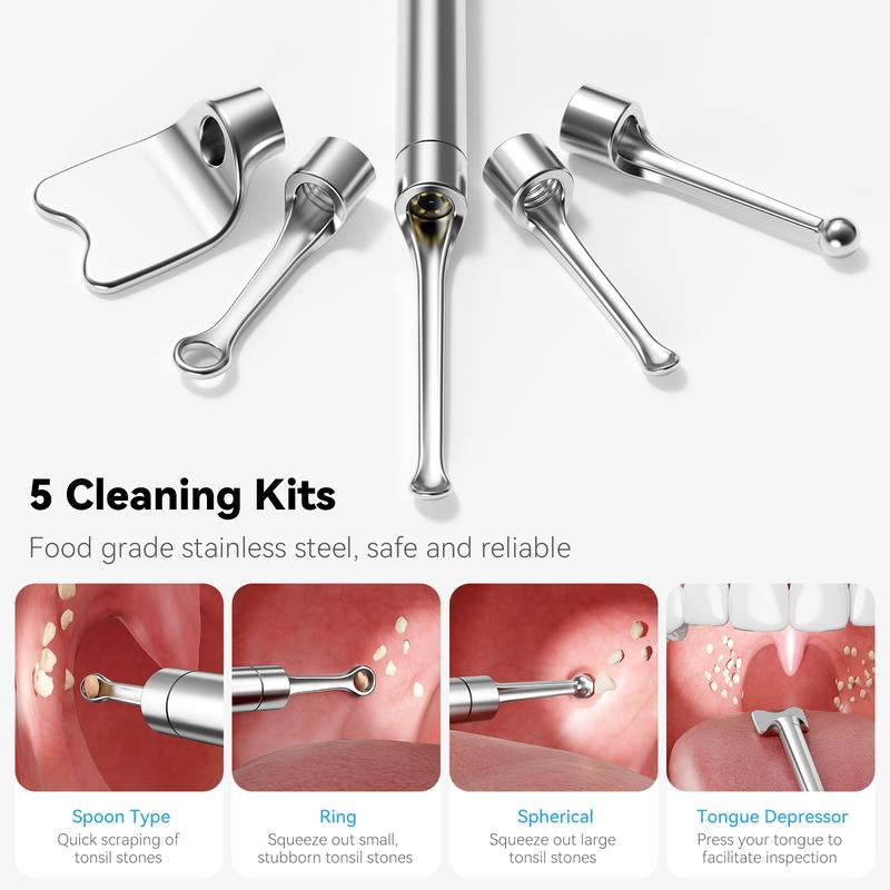 Tonsil Stone Remover Kit with Camera & Light - Wifi Connected for Ios/Android, 5 Attachments, Rechargeable (Usb/Battery), Home Oral Care Tool