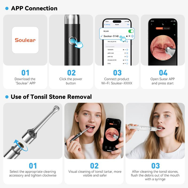 Tonsil Stone Remover Kit with Camera & Light - Wifi Connected for Ios/Android, 5 Attachments, Rechargeable (Usb/Battery), Home Oral Care Tool