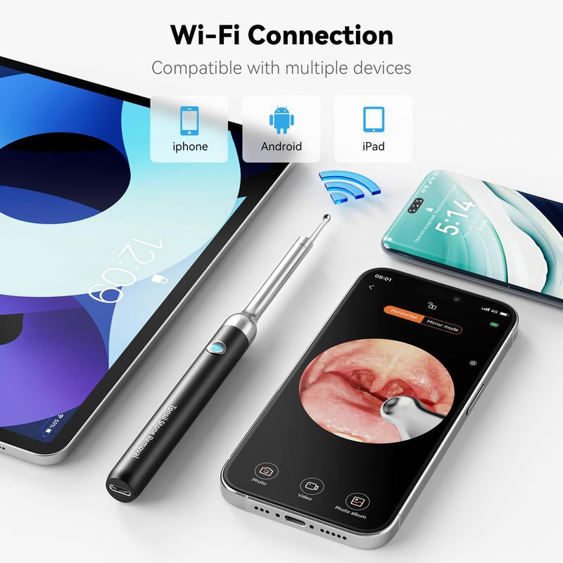 Tonsil Stone Remover Kit with Camera & Light - Wifi Connected for Ios/Android, 5 Attachments, Rechargeable (Usb/Battery), Home Oral Care Tool