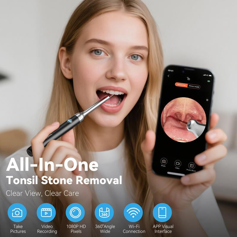 Tonsil Stone Remover Kit with Camera & Light - Wifi Connected for Ios/Android, 5 Attachments, Rechargeable (Usb/Battery), Home Oral Care Tool
